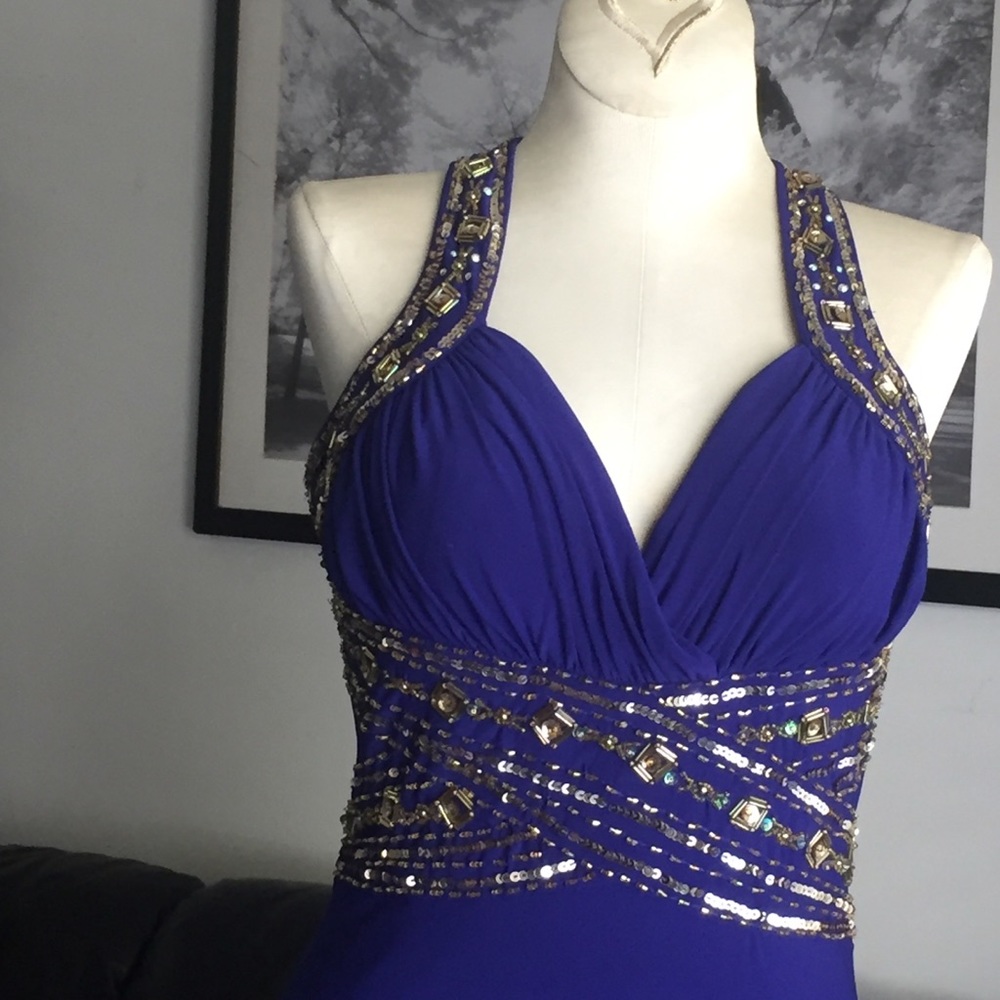 VTG Y2K Halley Logan Royal Blue Crisscross Beaded Halter Dress. Worn Once - Picture 4 of 16